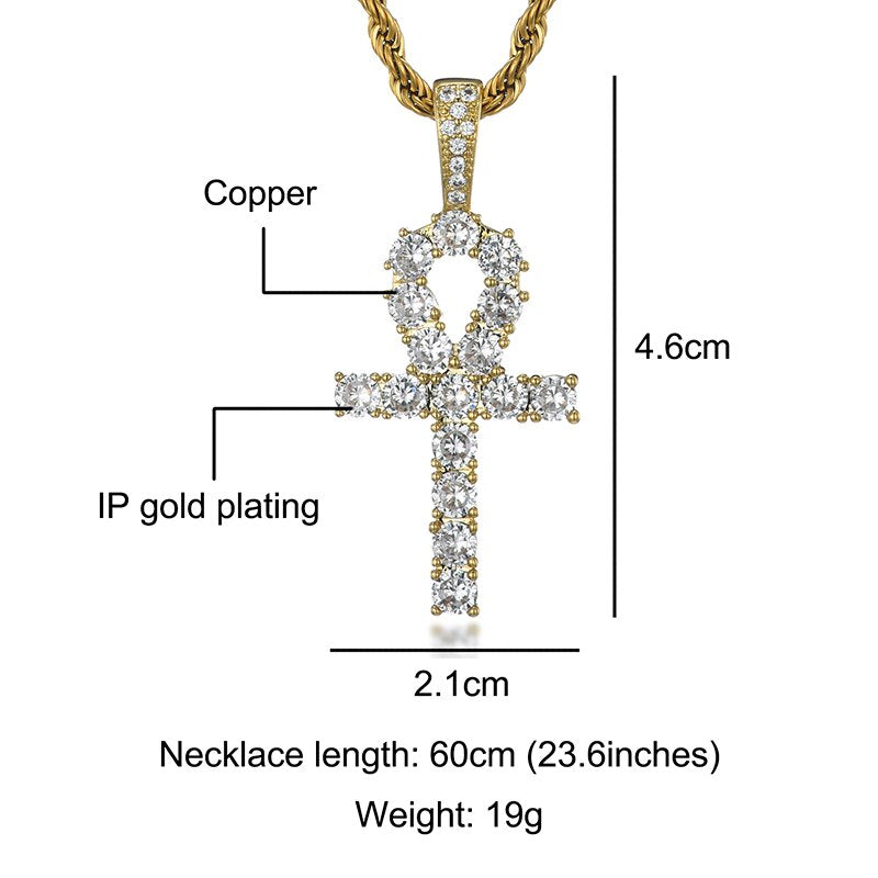 D&Z White Gold Ankh Pendant Iced Out CZ Stones Mens Micro Paved AAA CZ Hip Hop Gold Silver Color Charm Chains Jewelry Gift