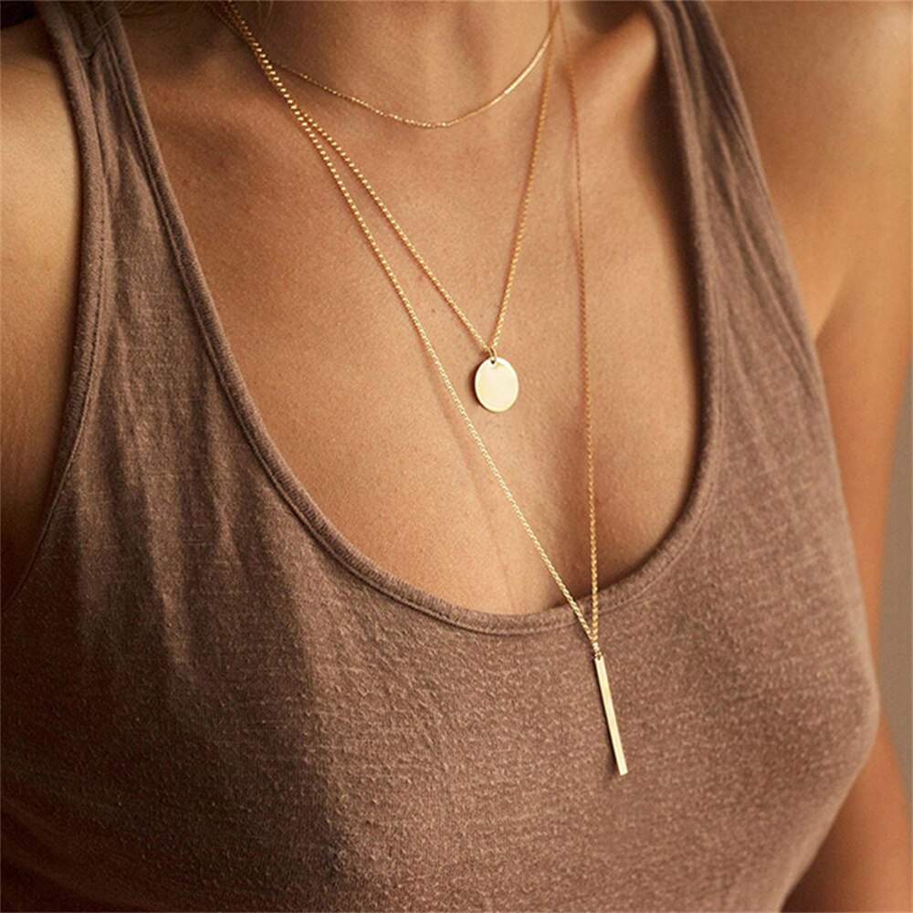 Fashion Multilevel Gold Simple Geometric Rectangle Round Sequin Pendant Necklace For Women Female Chain Collar Jewely Gift