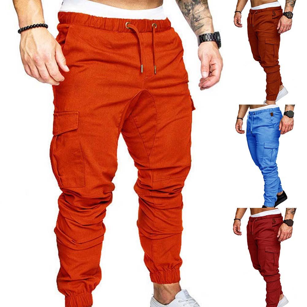 Men Casual Pants Plus Size Men Solid Color Multi Pocket Drawstring Ankle Tie Cargo Pants Trousers Summer Hottest Weight Pants