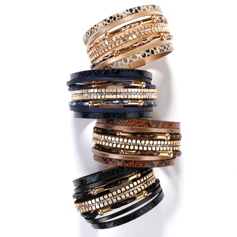 Amorcome Snakeskin Pattern Leather Bracelets for Women 2020 Trendy Metal Pipe Wide Multilayer Wrap Bracelet Female Jewelry