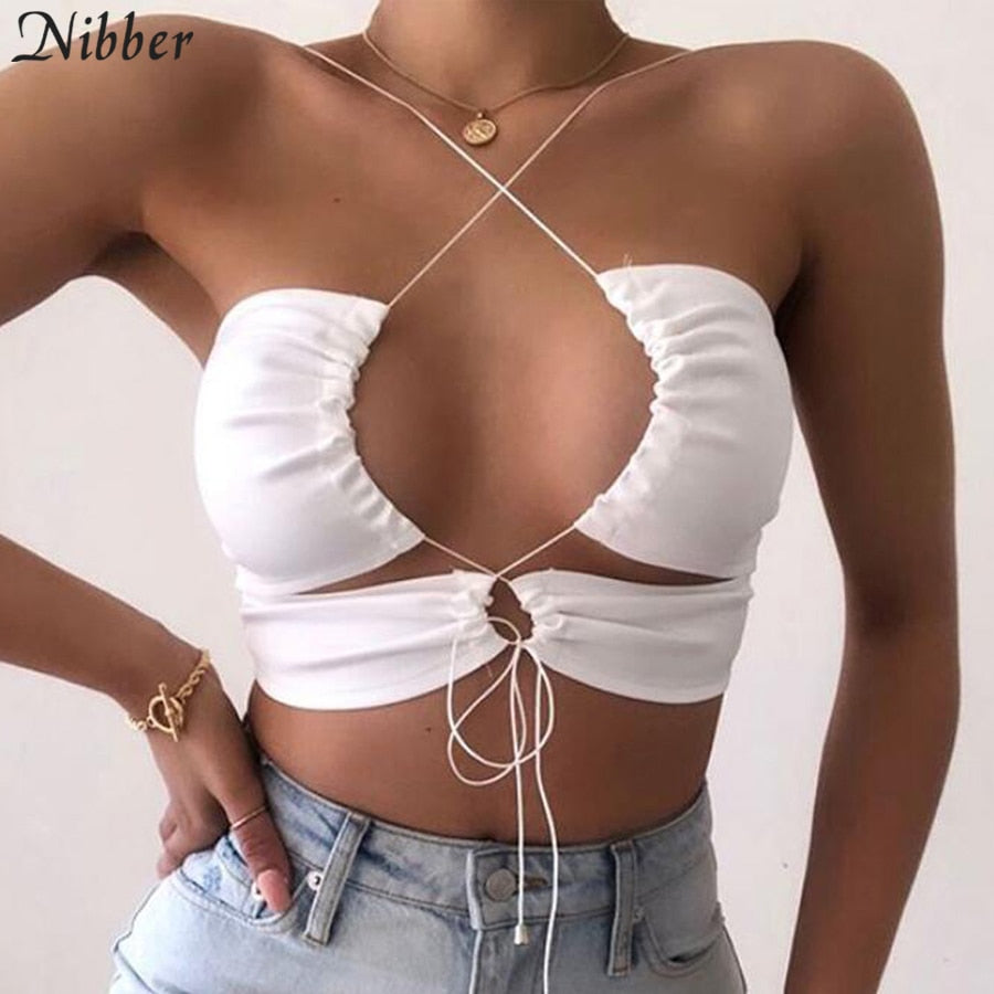 Nibber Chic Sexy Bandage Club Tube Top Female Halter Chest Hollow Pure Tank Ves Camisole Women&#39;s Spaghetti Strap Basic Crop Tops