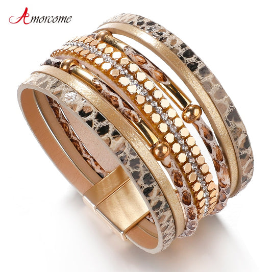 Amorcome Snakeskin Pattern Leather Bracelets for Women 2020 Trendy Metal Pipe Wide Multilayer Wrap Bracelet Female Jewelry