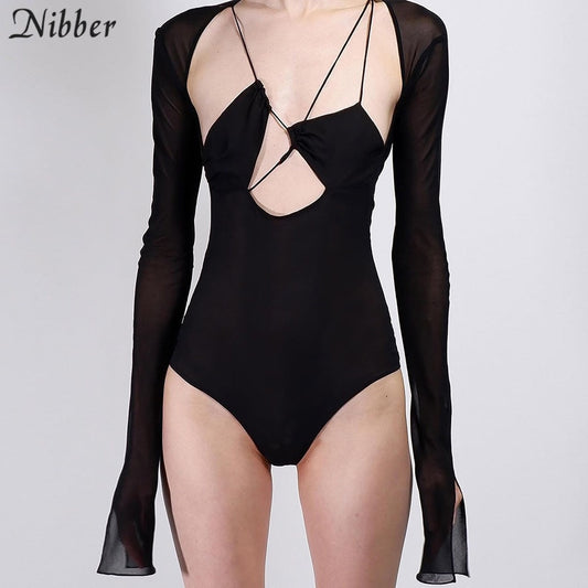 Nibber Ladies Sexy Deep V-neck Bodysuits Short Section Slim Lace Long Sleeve 2021 Autumn Winter Popular Casual Sport Jumpsuits