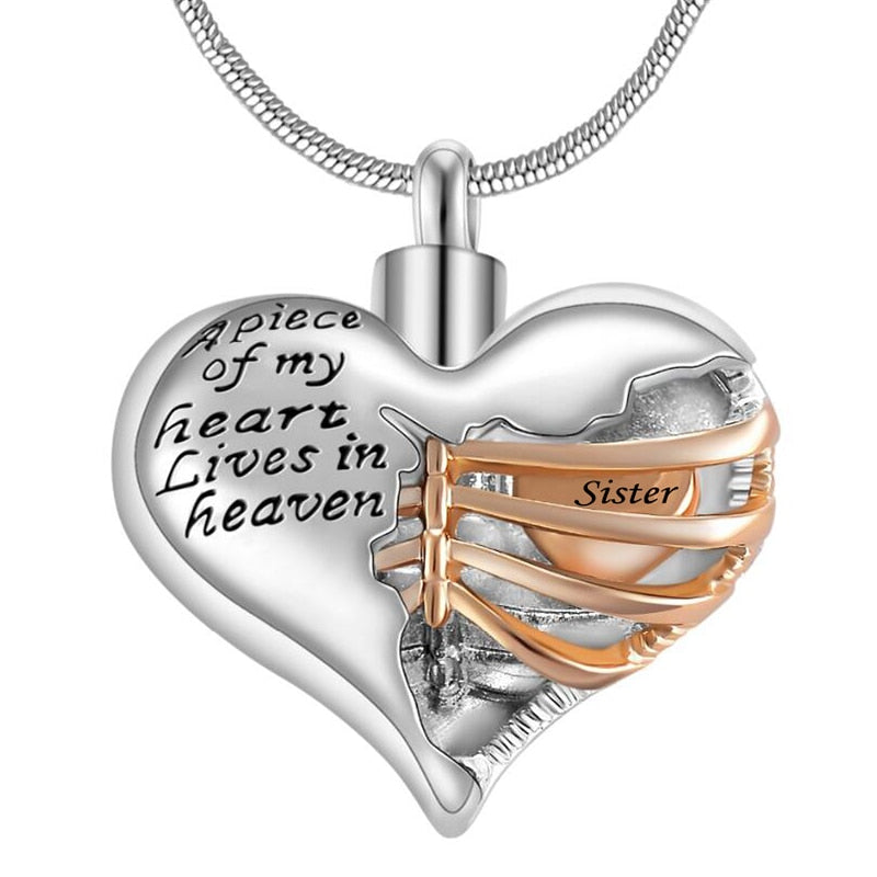 A piece of my heart lives in heaven Two Tone Locket Heart cremation memorial ashes urn necklace jewelry keepsake pendant