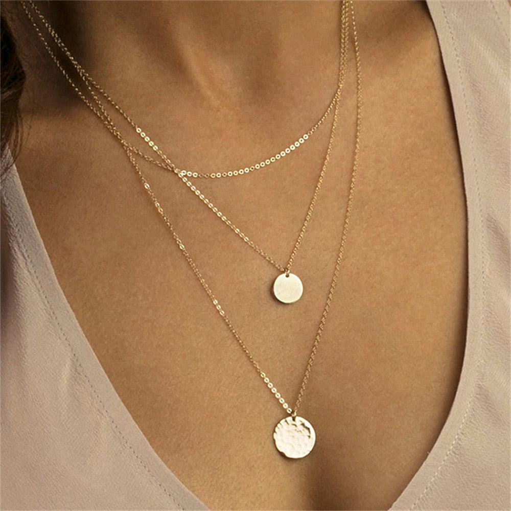 Fashion Multilevel Gold Simple Geometric Rectangle Round Sequin Pendant Necklace For Women Female Chain Collar Jewely Gift