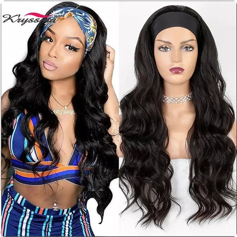 kryssma Long Wavy Headband Wig for Black Women None Replacement Body Wave Synthetic Headwraps Hair Wig 2020 New Fashion