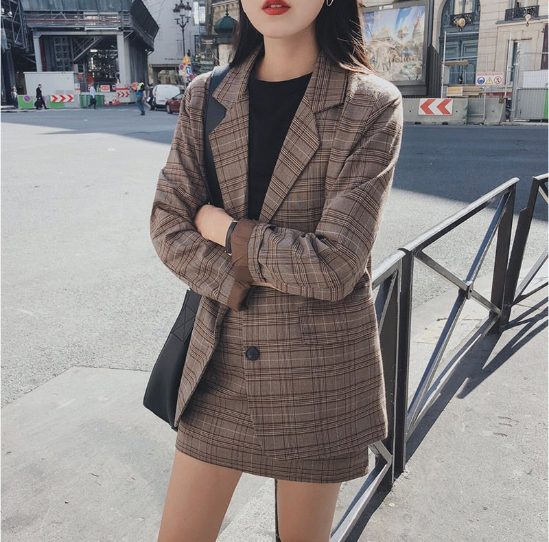 Mozuleva 2022 Retro Plaid Blazer Set Single-breasted Jacket &amp; Pencil Skirt 2 Pieces Skirt Suit Female Office Ladies Blazer Suit