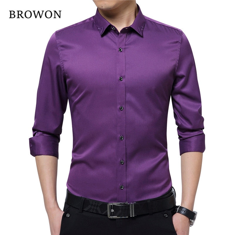 BROWON Brand Silky Formal Shirt Men Classic Business Long Sleeve Solid Color Embroidery Collar Slim Fit Shirt Brand-clothing