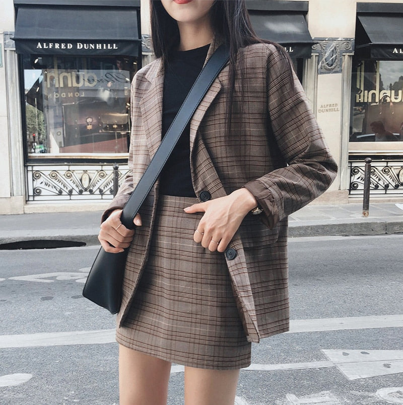 Mozuleva 2022 Retro Plaid Blazer Set Single-breasted Jacket &amp; Pencil Skirt 2 Pieces Skirt Suit Female Office Ladies Blazer Suit