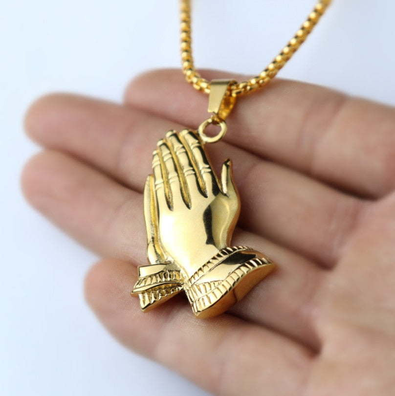 HNSP Pray Hand Buddha Men Pendant Chain Necklace For Male Hip Hop Lucky Jewelry