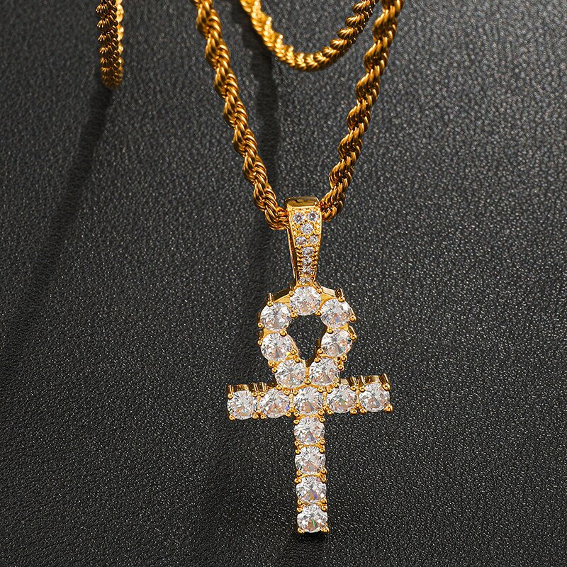 D&Z White Gold Ankh Pendant Iced Out CZ Stones Mens Micro Paved AAA CZ Hip Hop Gold Silver Color Charm Chains Jewelry Gift