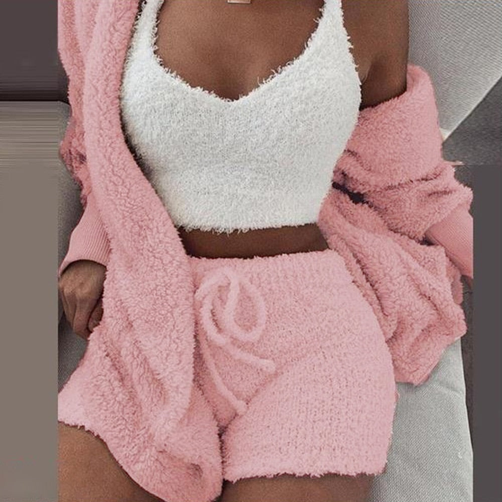 2PC/3PCS Pajama Set Women Sexy Fluffy Suit Velvet Plush Robe Set Soft Warm Sleeveless Sweater Loungewear Pijamas Mujer Sleepwear