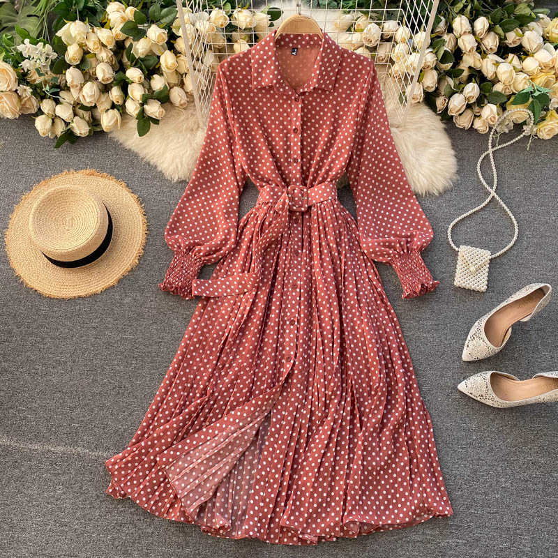 Spring And Summer French Vintage Maxi Dress 2021 Sundress Ladies Long Sleeve Orange Polka Dot Chiffon Pleated Dresses Femme Robe