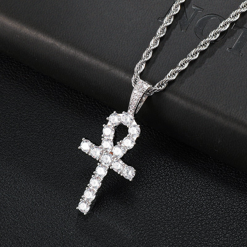 D&Z White Gold Ankh Pendant Iced Out CZ Stones Mens Micro Paved AAA CZ Hip Hop Gold Silver Color Charm Chains Jewelry Gift