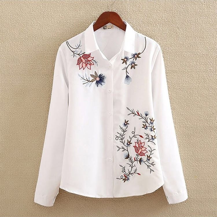Plus size Women Clothing White Shirt Long sleeve Vintage Flower
