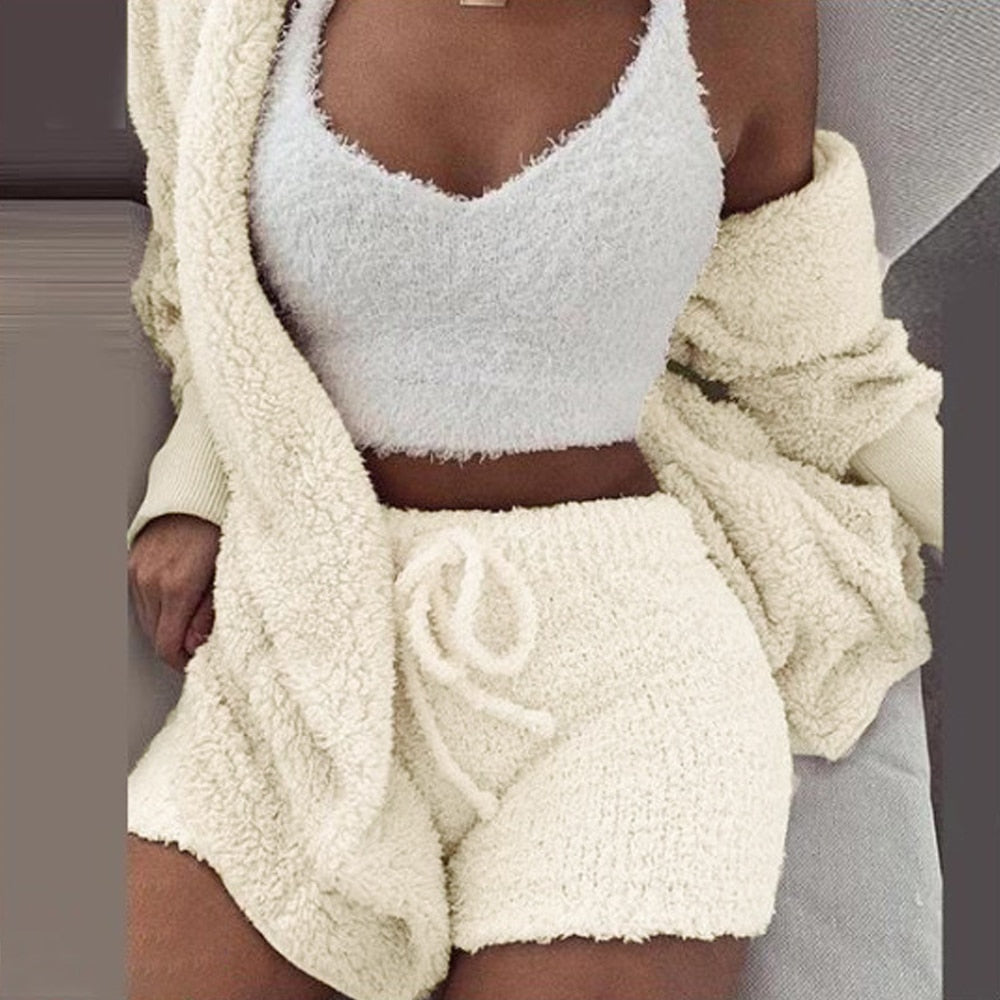 2PC/3PCS Pajama Set Women Sexy Fluffy Suit Velvet Plush Robe Set Soft Warm Sleeveless Sweater Loungewear Pijamas Mujer Sleepwear