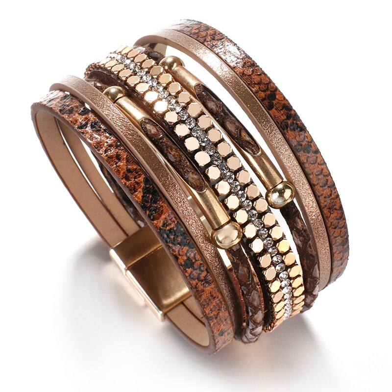 Amorcome Snakeskin Pattern Leather Bracelets for Women 2020 Trendy Metal Pipe Wide Multilayer Wrap Bracelet Female Jewelry