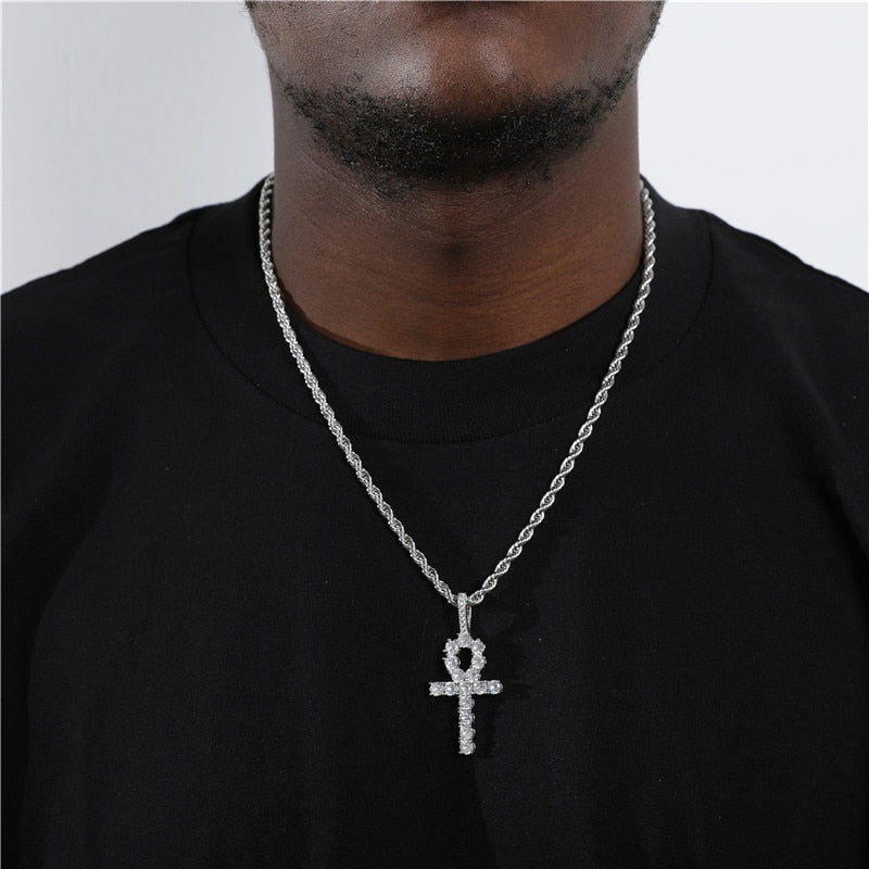 D&Z White Gold Ankh Pendant Iced Out CZ Stones Mens Micro Paved AAA CZ Hip Hop Gold Silver Color Charm Chains Jewelry Gift