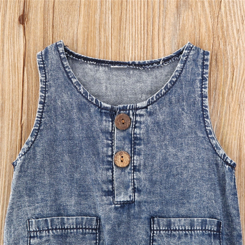 Baby Summer Denim Rompers Toddler Newborn Baby Boys Girls Sleeveless Button Pocket Rompers Jumpsuits Casual Clothes Outfits