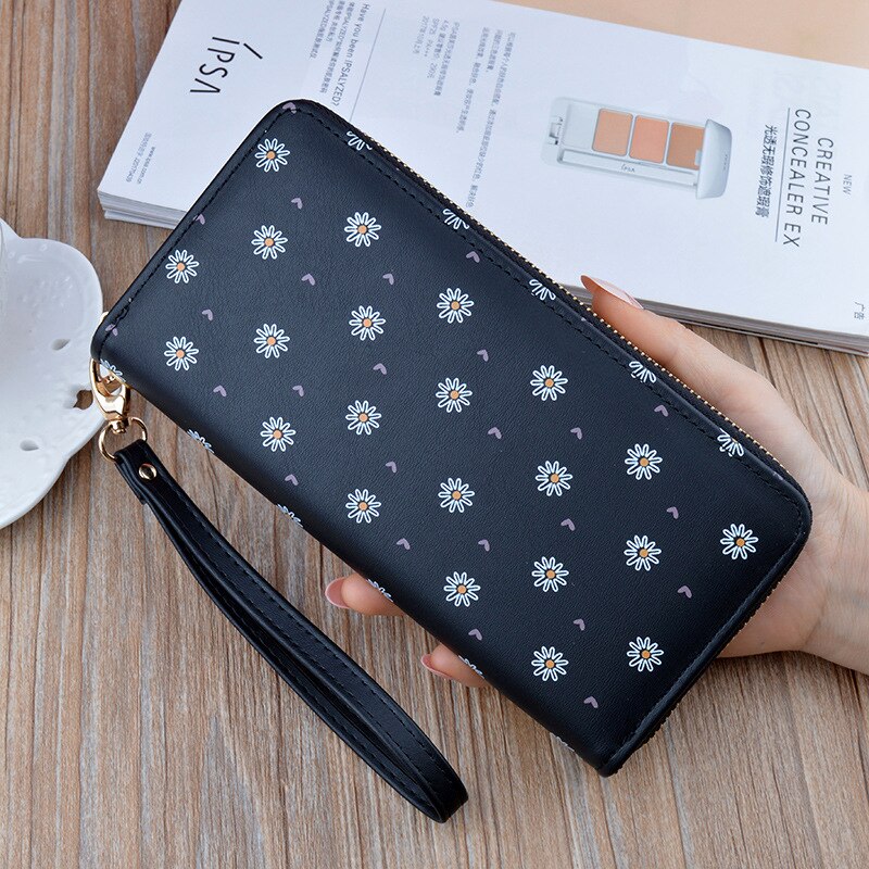 Large Capacity Women&#39;s Wallet Flower Print Card Holder Fashhion Money Bag PU Leather Zipper Purse Long Clutch 19.5x9.5x2.5cm