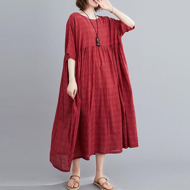 Plus Size Plaid Casual Cotton Summer Dress Women Oversized Vintage 4XL 5XL 6XL Ladies Dresses Robe Femme Beach Woman Dress 2021