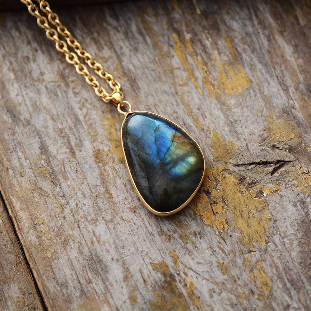 Natural Stone Pendant Necklace Labradorite Gold Tone Chain Chokers Necklaces Designer Gems Jewelry Bijou Bohemian