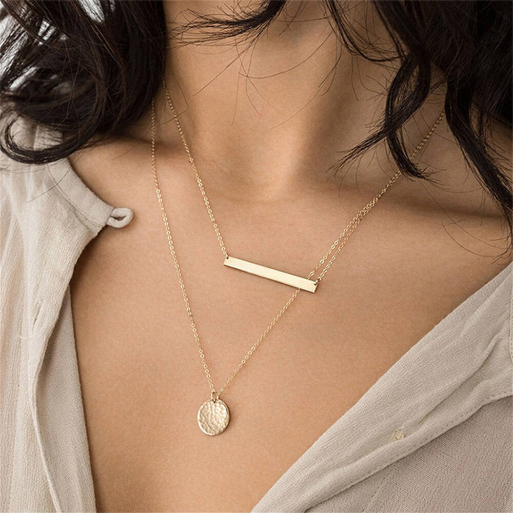Fashion Multilevel Gold Simple Geometric Rectangle Round Sequin Pendant Necklace For Women Female Chain Collar Jewely Gift