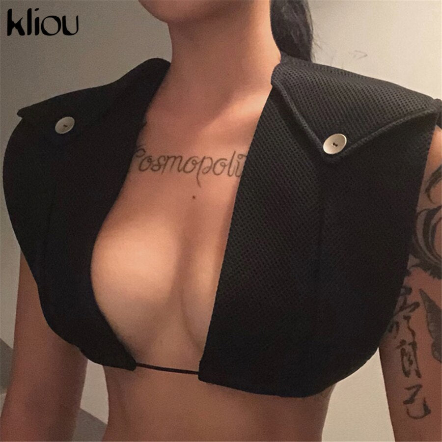 Kliou Sexy Mesh Two Piece Set Women Unique Design Oversize Sheath Cleavage Sleeveless Top+SeeThrough Stretchy Hot Female Pants