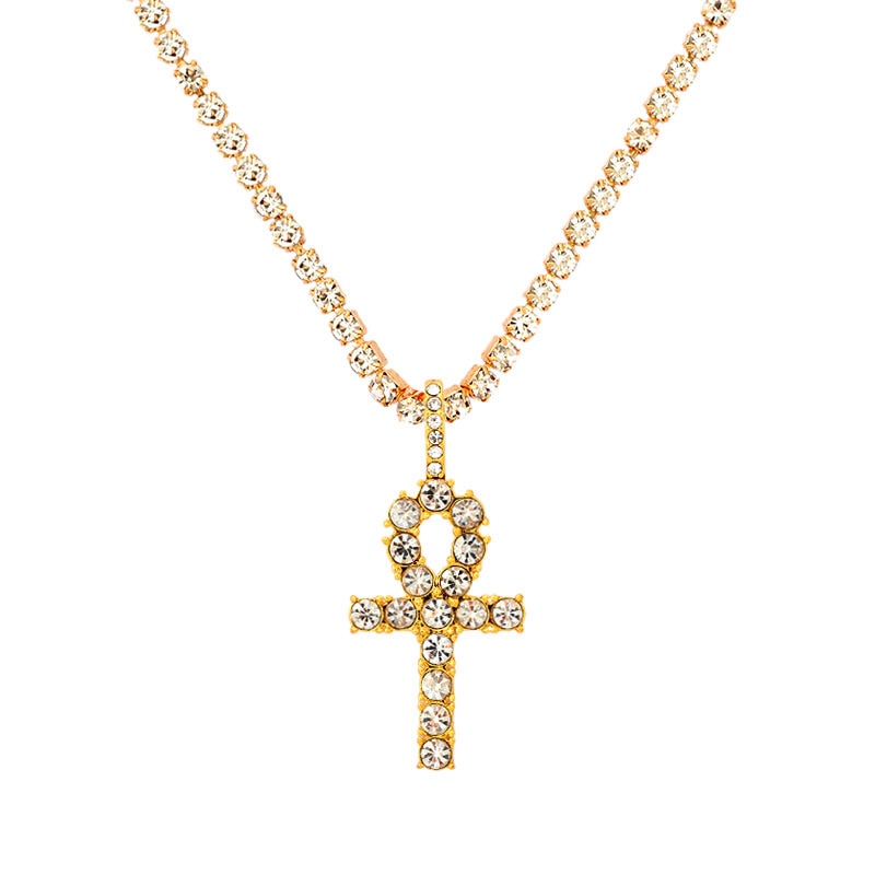 Iced Out Crystal Ankh Cross Pendant Tennis Necklace For Women Shining Butterfly Rhinestone Clavicle Chain Choker 2021 New Jewely
