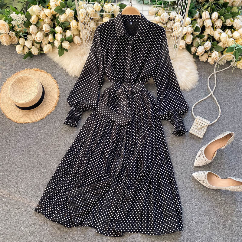 Spring And Summer French Vintage Maxi Dress 2021 Sundress Ladies Long Sleeve Orange Polka Dot Chiffon Pleated Dresses Femme Robe