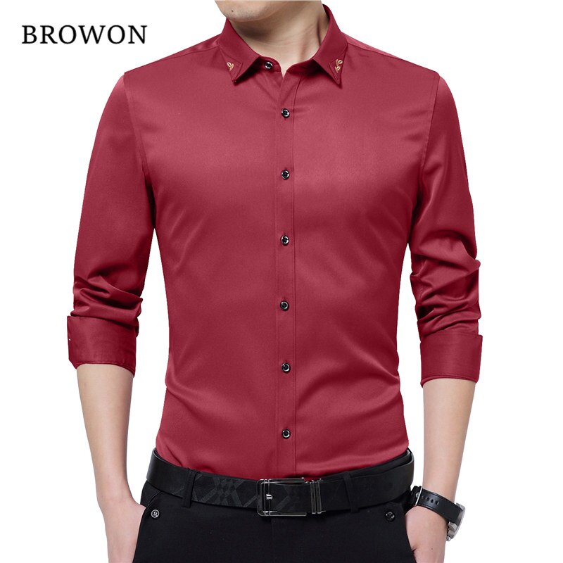 BROWON Brand Silky Formal Shirt Men Classic Business Long Sleeve Solid Color Embroidery Collar Slim Fit Shirt Brand-clothing