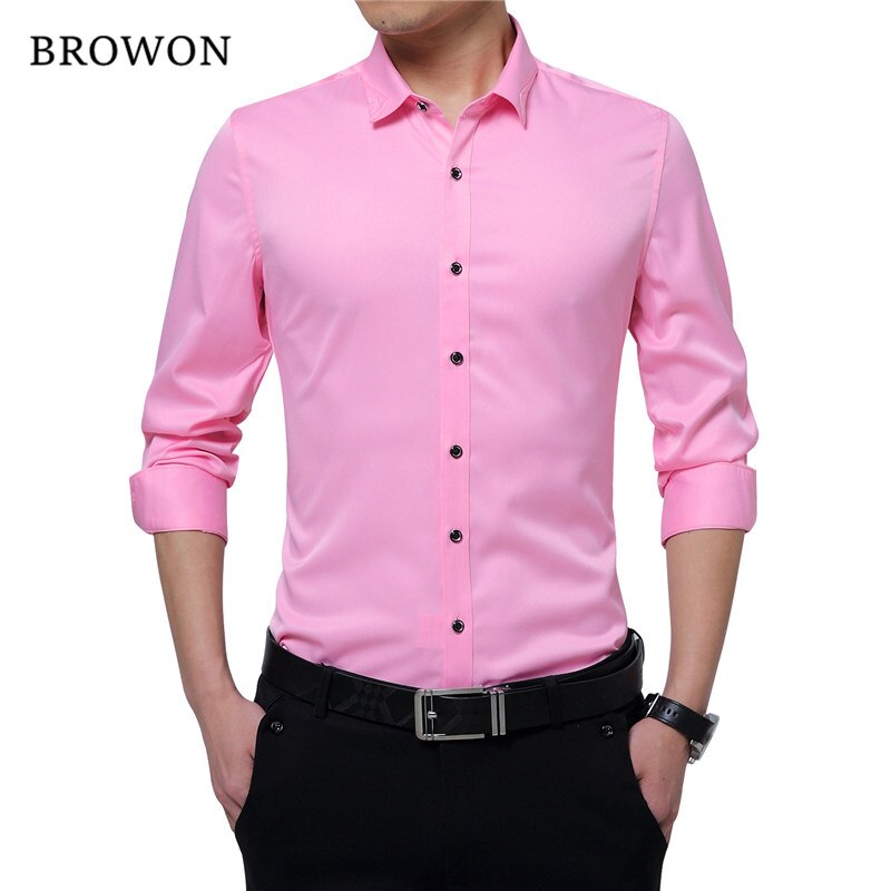 BROWON Brand Silky Formal Shirt Men Classic Business Long Sleeve Solid Color Embroidery Collar Slim Fit Shirt Brand-clothing