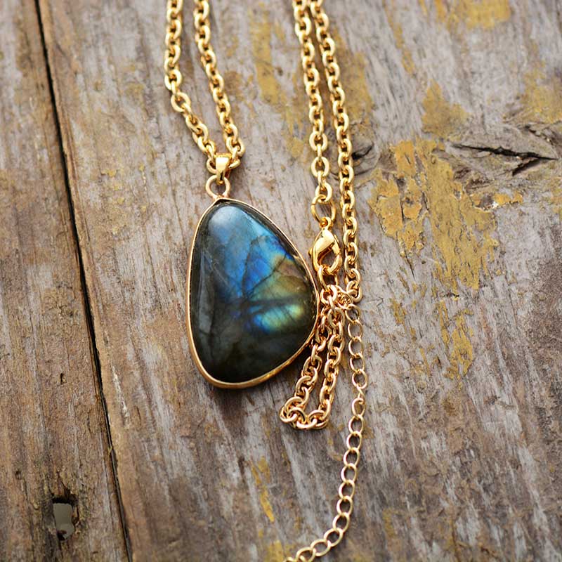 Natural Stone Pendant Necklace Labradorite Gold Tone Chain Chokers Necklaces Designer Gems Jewelry Bijou Bohemian