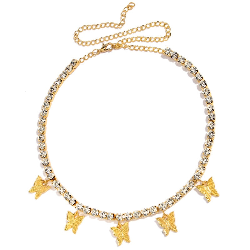 Iced Out Crystal Ankh Cross Pendant Tennis Necklace For Women Shining Butterfly Rhinestone Clavicle Chain Choker 2021 New Jewely