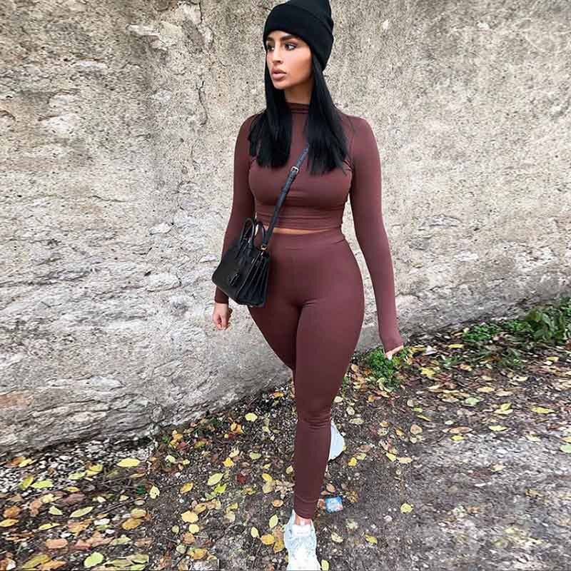 Winter Fitness Two Piece Set Women Lounge wear Long Sleeve Crop Top + Leggings Bodycon Tracksuit Women Outfits Jogging Femme