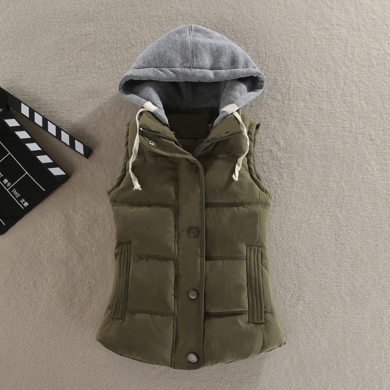 Plus Size 6XL Women Vest Winter Coat  Ladies Gilet Colete Feminino Casual Pocket Hooded Waistcoat Female Sleeveless Jacket