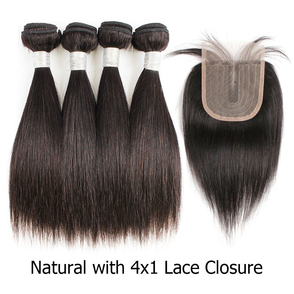 Bundles with Closure 4x1 Lace Closure Middle Part Black Color Indian Straight Remy Human Hair Short Bob Style BOBBI COLLECTION