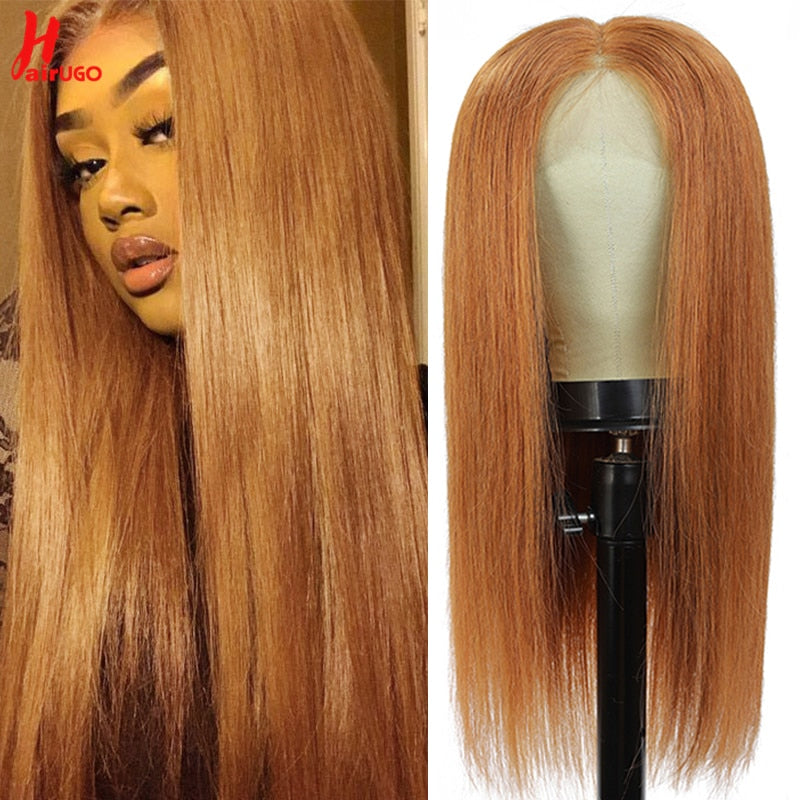 HairUGo Brazilian Straight #4 Blonde 4x4 Lace Closure Wig Remy Ombre T Part Lace Wigs #27 Colored Human Hair Wig  150% Density