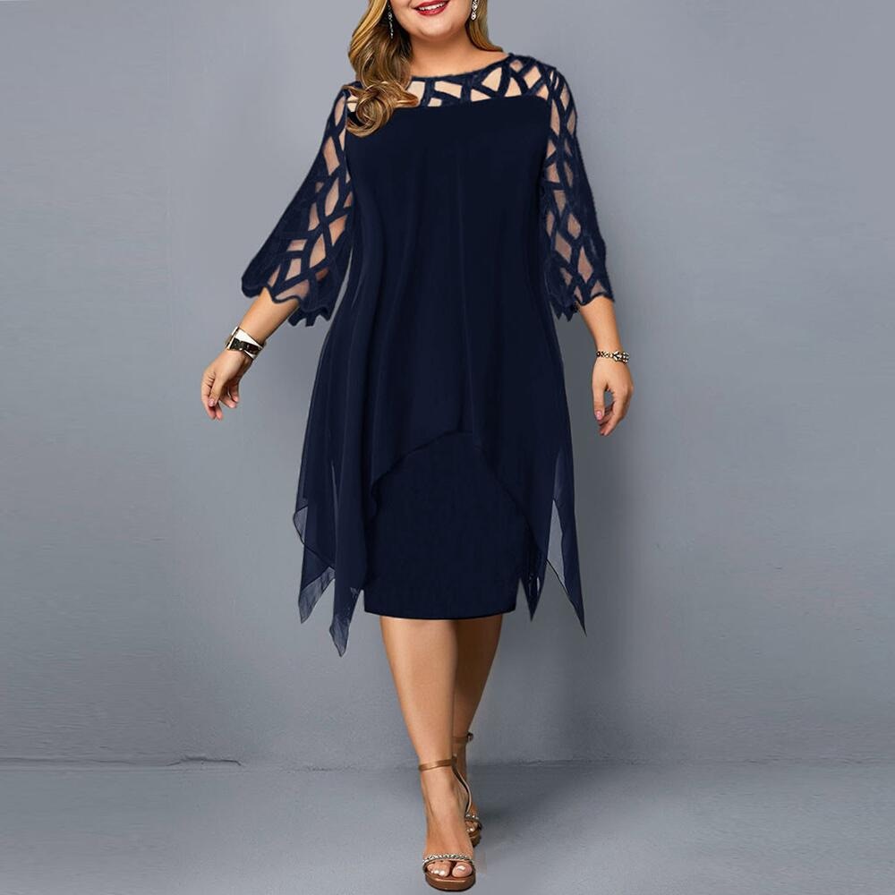 Plus Size Dresses 4XL 5XL 6XL Lace Mesh Sexy Elegant Midi Party Dress Red Black Green Purple Loose Hellow Women&#39;s Clothing 2021