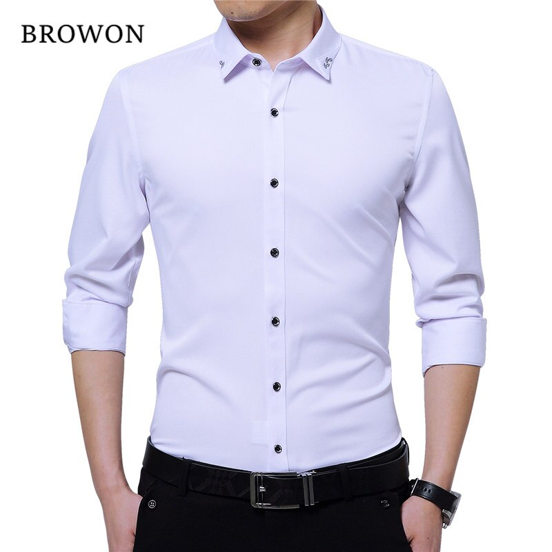 BROWON Brand Silky Formal Shirt Men Classic Business Long Sleeve Solid Color Embroidery Collar Slim Fit Shirt Brand-clothing