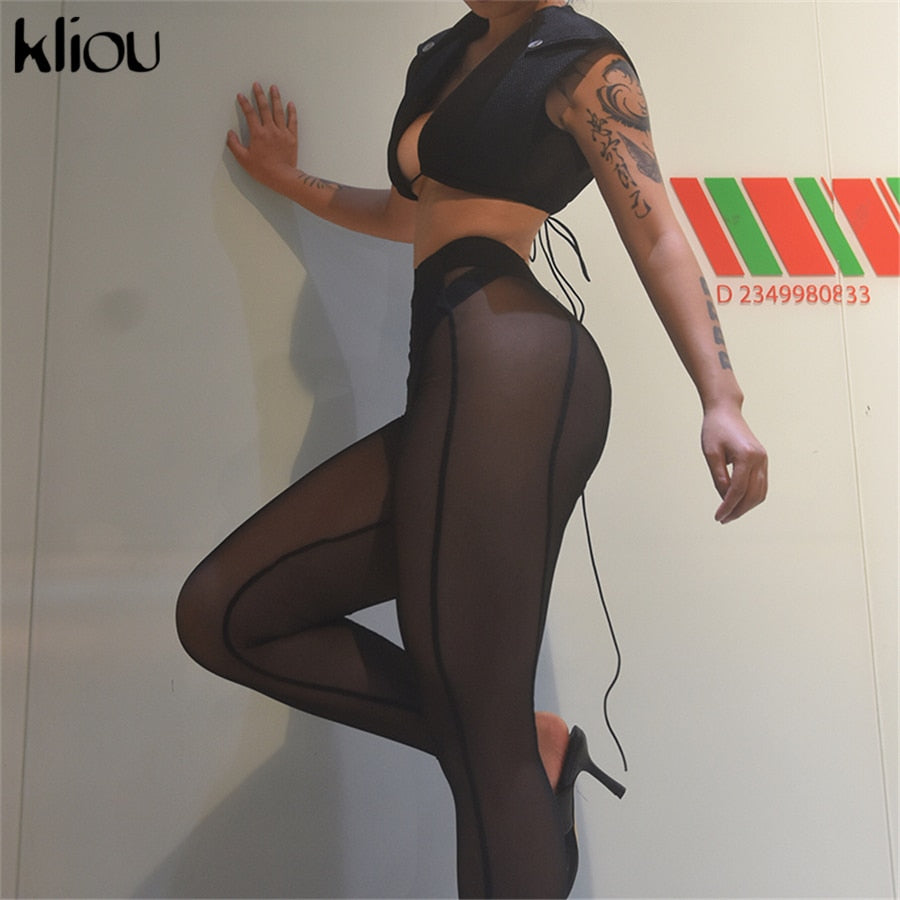 Kliou Sexy Mesh Two Piece Set Women Unique Design Oversize Sheath Cleavage Sleeveless Top+SeeThrough Stretchy Hot Female Pants