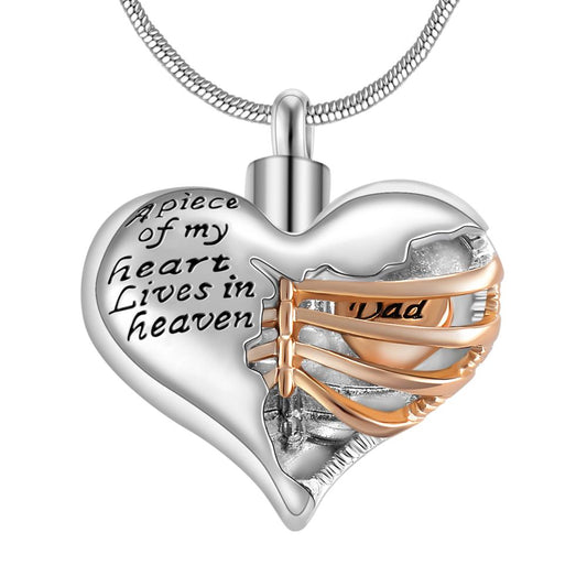 A piece of my heart lives in heaven Two Tone Locket Heart cremation memorial ashes urn necklace jewelry keepsake pendant