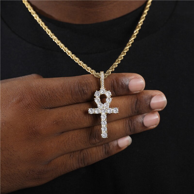 D&Z White Gold Ankh Pendant Iced Out CZ Stones Mens Micro Paved AAA CZ Hip Hop Gold Silver Color Charm Chains Jewelry Gift