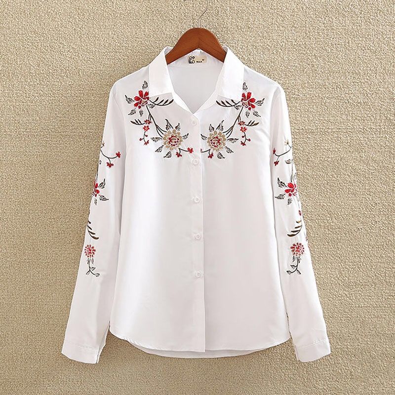 Plus size Women Clothing White Shirt Long sleeve Vintage Flower Embroidered Blouse Ladies Button Up Shirts Tops Casual 4XL 5XL