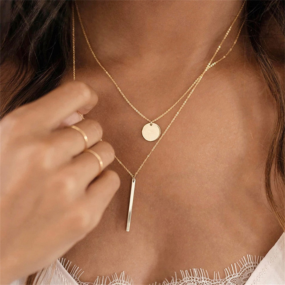 Fashion Multilevel Gold Simple Geometric Rectangle Round Sequin Pendant Necklace For Women Female Chain Collar Jewely Gift