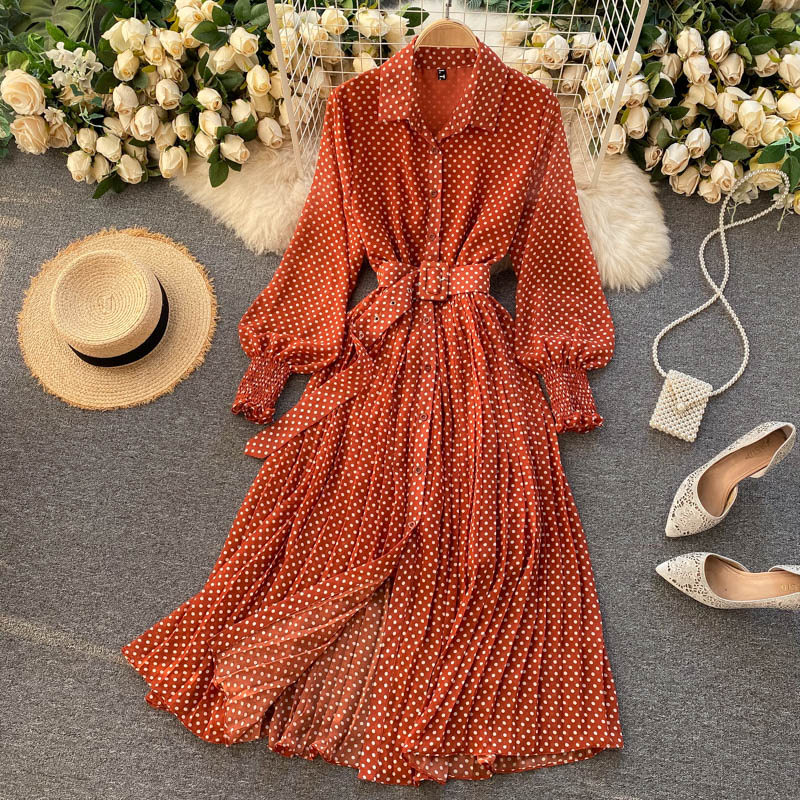 Spring And Summer French Vintage Maxi Dress 2021 Sundress Ladies Long Sleeve Orange Polka Dot Chiffon Pleated Dresses Femme Robe