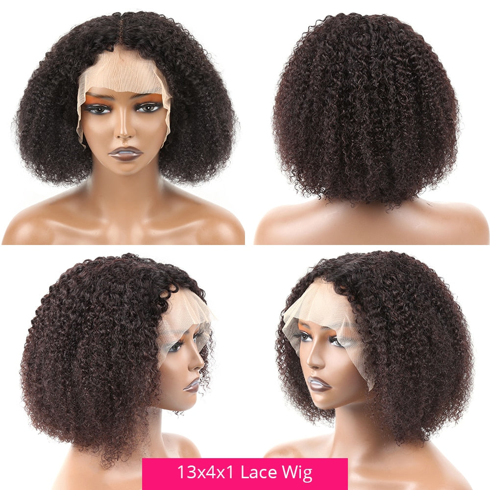 Afro Kinky Curly Wig Human Hair Wigs T Part Transparent Lace Short Curly Bob Wig 200 Density Thick Wigs For Women Preplucked Wig