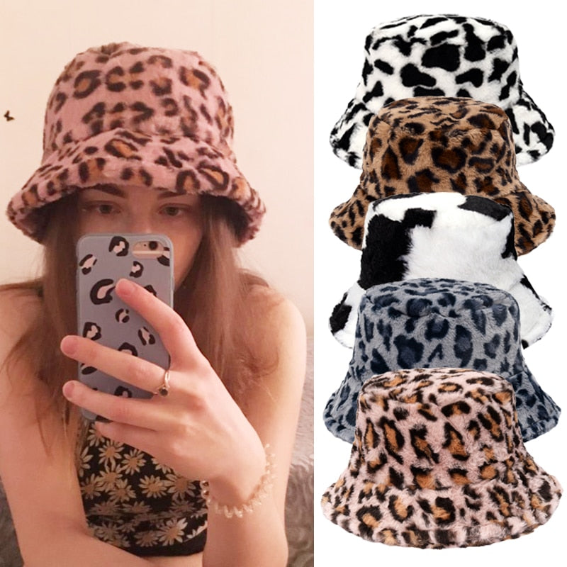 Winter Cow Leopard Faux Fur Fluffy Bucket Hats Women Outdoor Warm Sun Hat Soft Velvet Furry Fisherman Cap Girl Fashion Panama