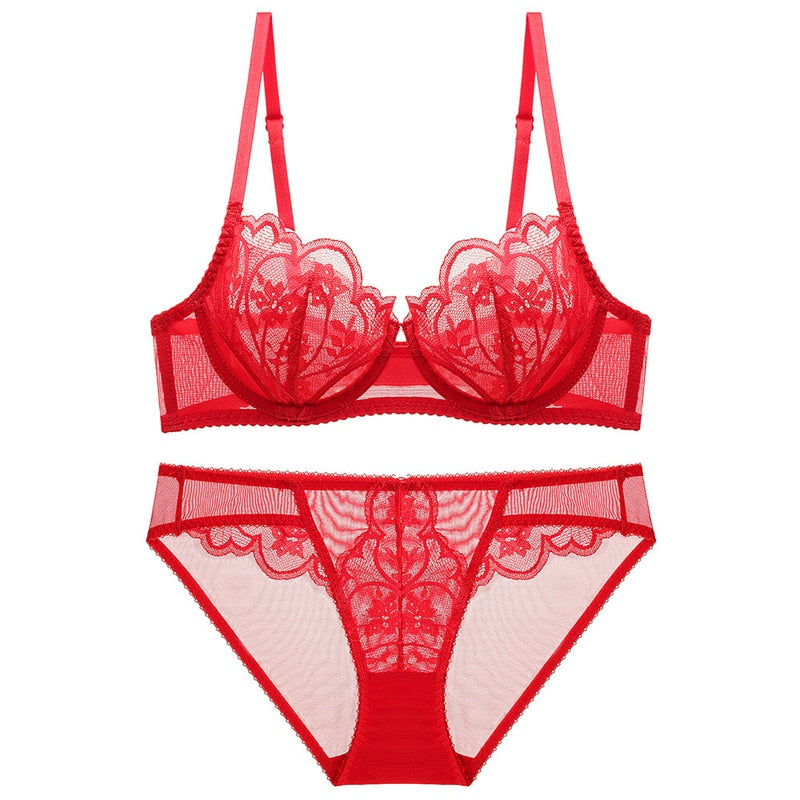 CINOON Sexy Petal Shape Ultra-thin Cup Bra Set Push-up Underwear Set Embroidery Brassiere Gather Bra Plus Size Lace Lingerie Set