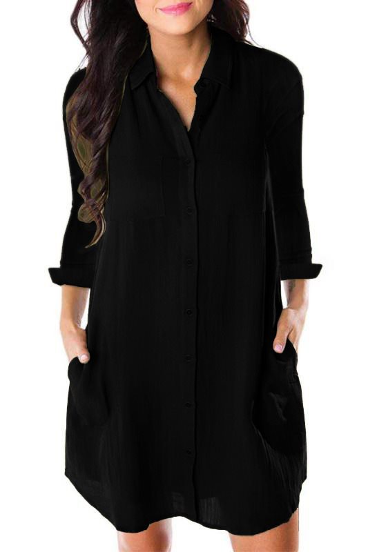 Solid color pocket loose casual long sleeve shirt dress Women Loose Solid Dresses Turn Down Casual Ladies Office Shirt Dresses